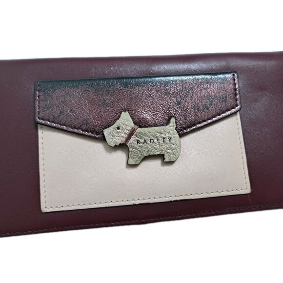Radley London Foldover Leather Wallet Doggie Dark Red Pink Gold Credit Card - Picture 2 of 8